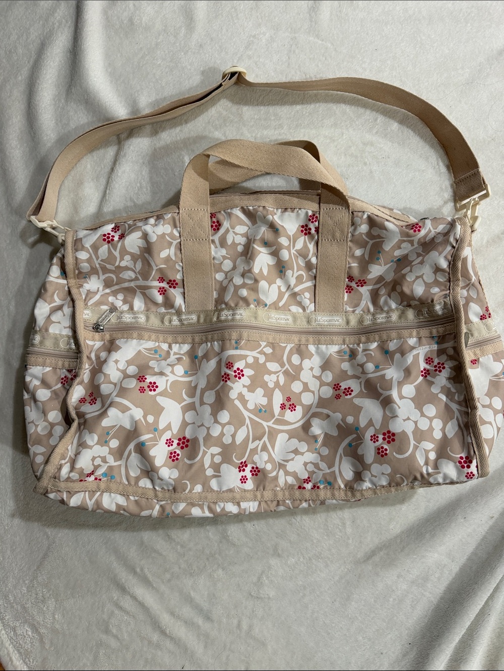Vintage LeSportsac Beige Floral Travel Duffel with Red Berry Accents